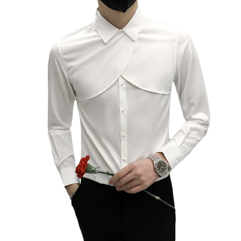 Qj Cinga Brand Men Business Banquet Dress Shirts 2022 New Fashion Stitching Tuxedo Top Homme Solid Color Slim Fit Cl